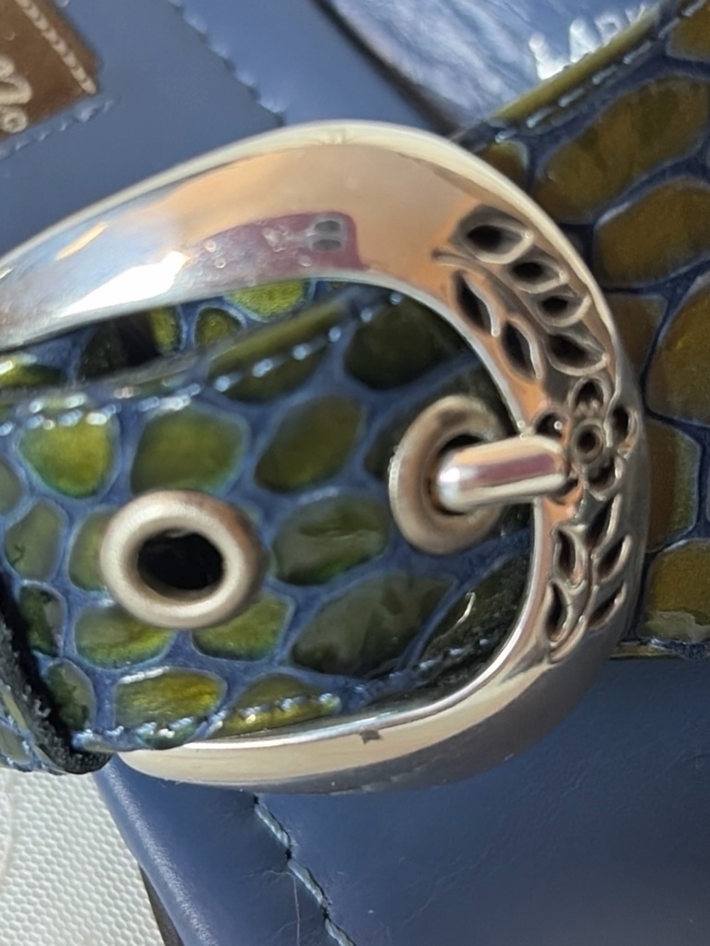 Brighton Navy Blue and Olive Green Snakeskin-Pattern Sandals - Picture 3 of 7